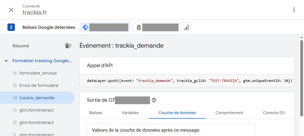 Tag Assistant montre l'événement déclenché à l'envoi du formulaire, avec la balise exécutée