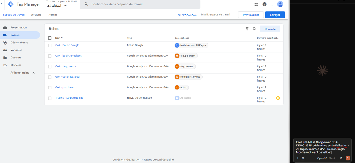 Le panneau Claude ouvert à droite de Google Tag Manager, avec une consigne prête à envoyer