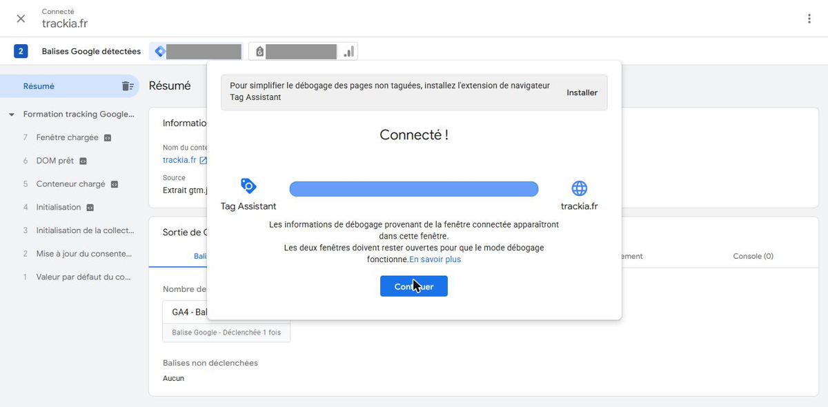 Tag Assistant affiche « Connecté ! » entre l'outil de test et le site trackia.fr
