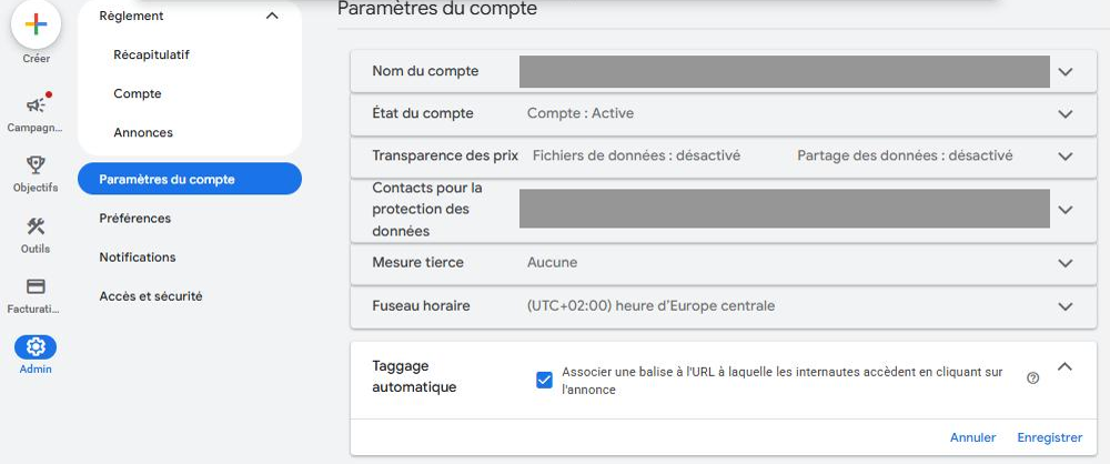 L'écran Paramètres du compte de Google Ads, avec la case du taggage automatique cochée